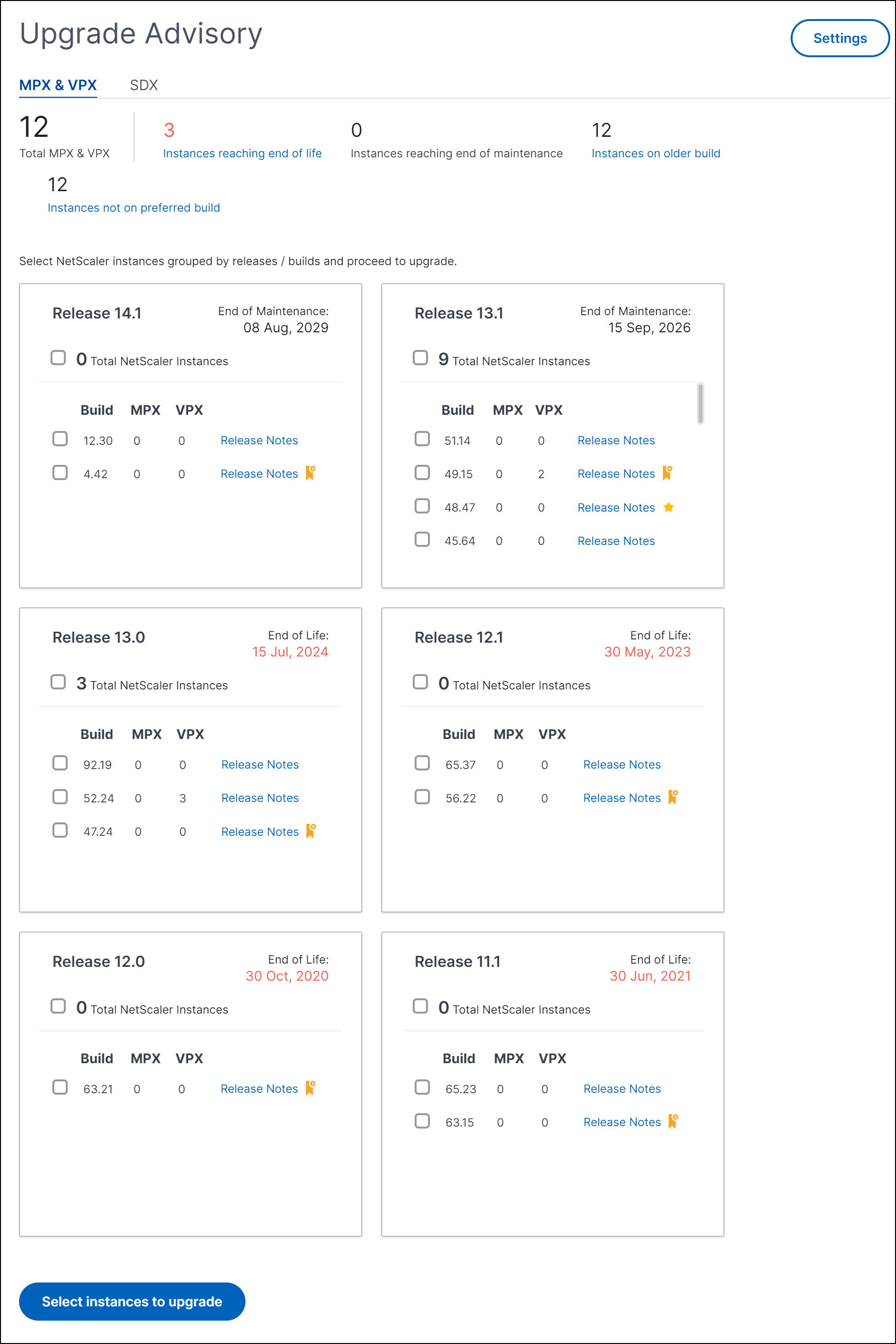Upgrade Advisory page
